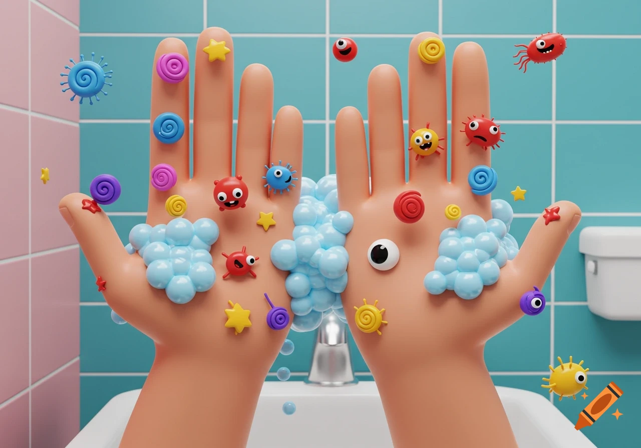Animated illustration of hands covered in soap bubbles and smiling germs during washing.