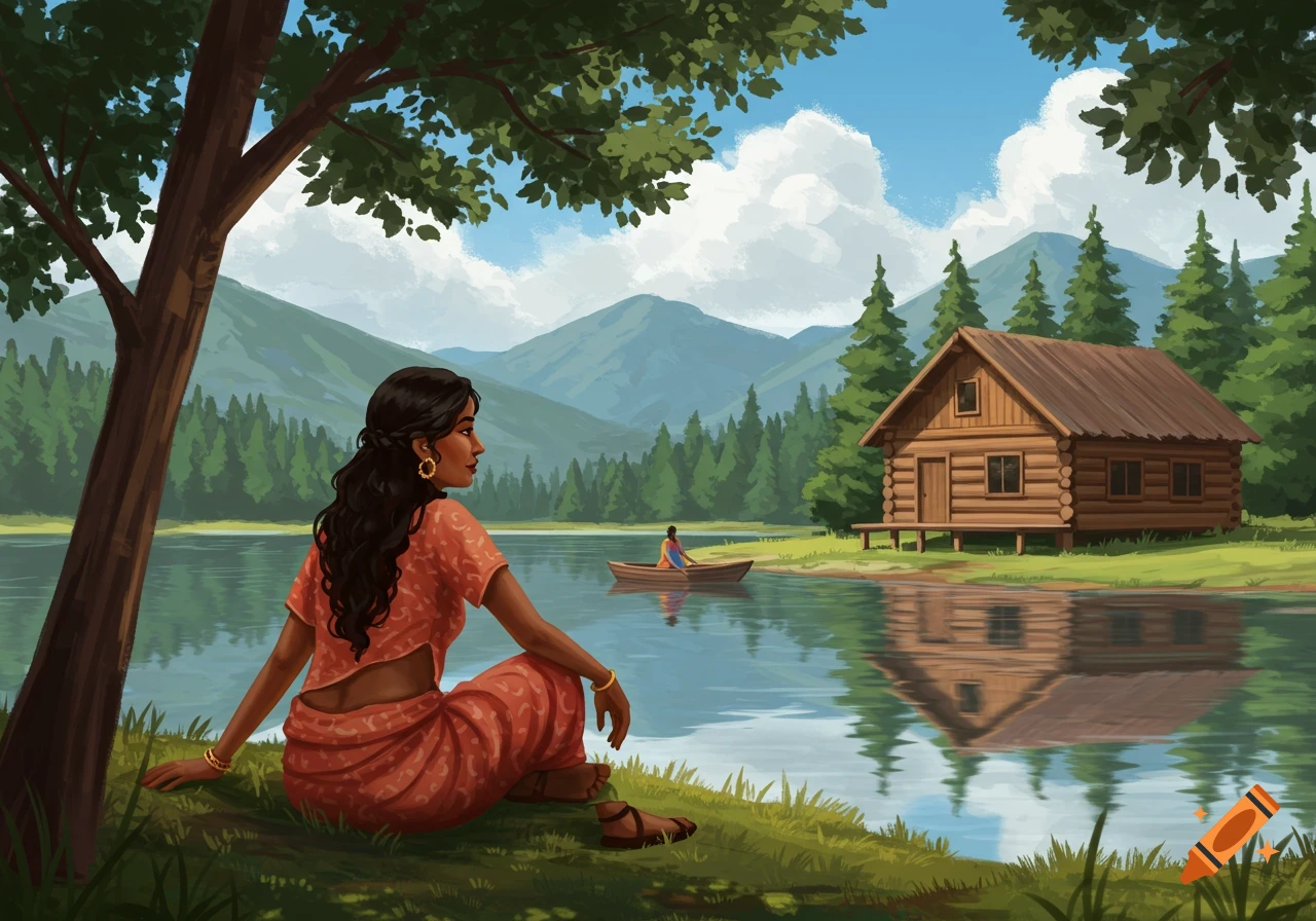 Digital painting of an Indian woman sitting by a mountain lake, watching a person in a boat near a cabin.