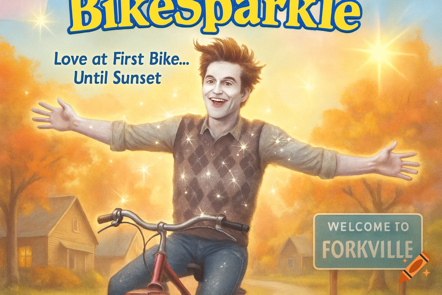 Movie poster for 'BikeSparkle': pale man with sparkling skin rides bike in autumn, arms wide. Signs say 'Welcome to Forkville'.