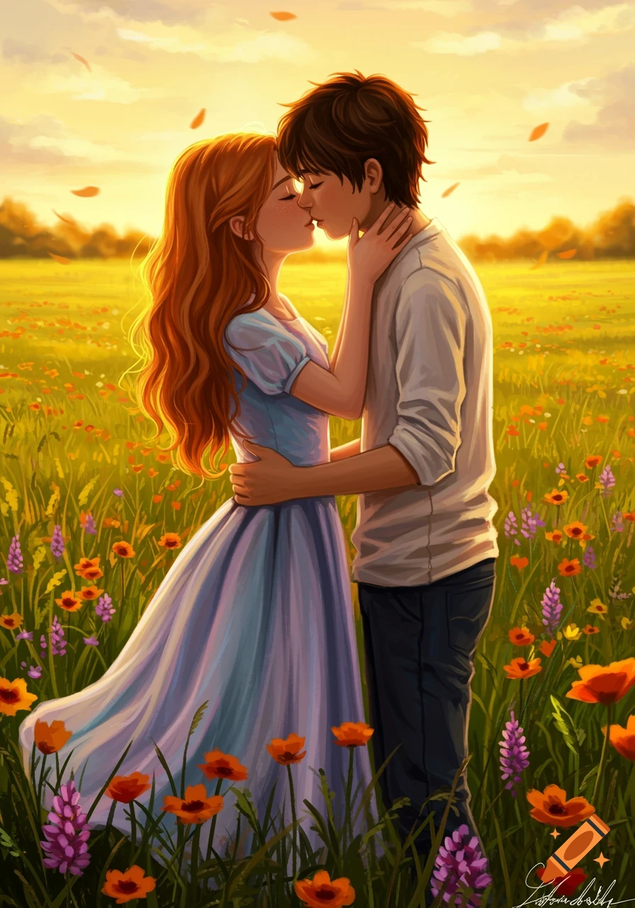 Illustrated couple kissing in a flower-filled field at sunset.