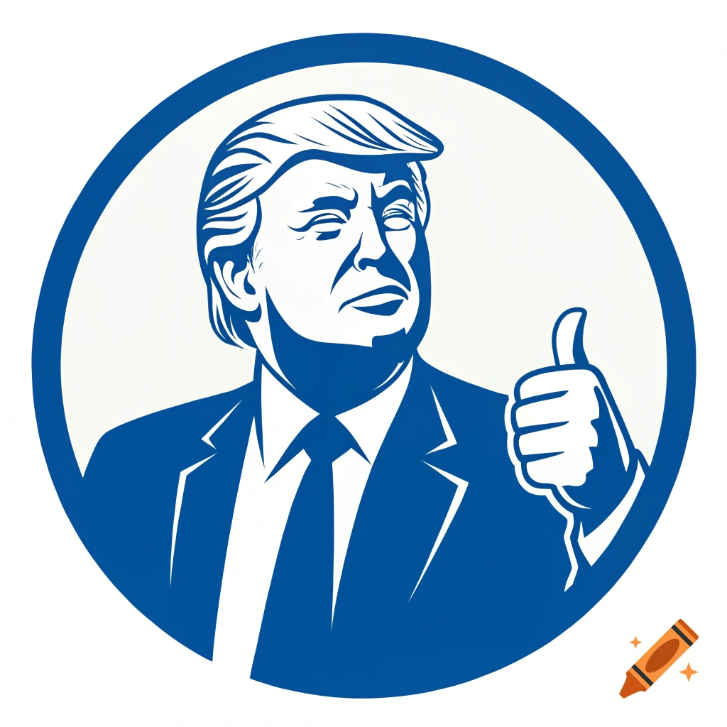 Stylized blue and white illustration of Donald Trump giving a thumbs up inside a circle.