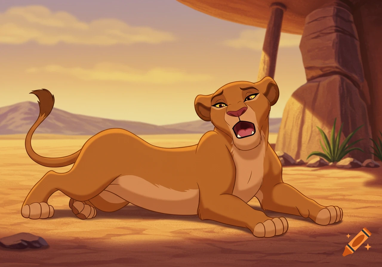 An animated lioness lies on the ground and yawns in a savanna landscape.