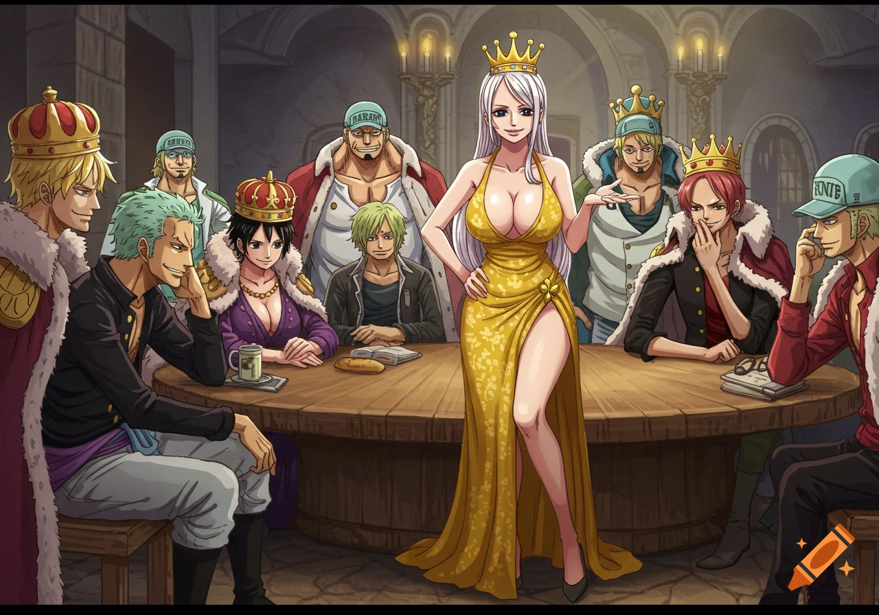 Anime characters, kings and queens, sit at a table listening to a woman in a gold dress.