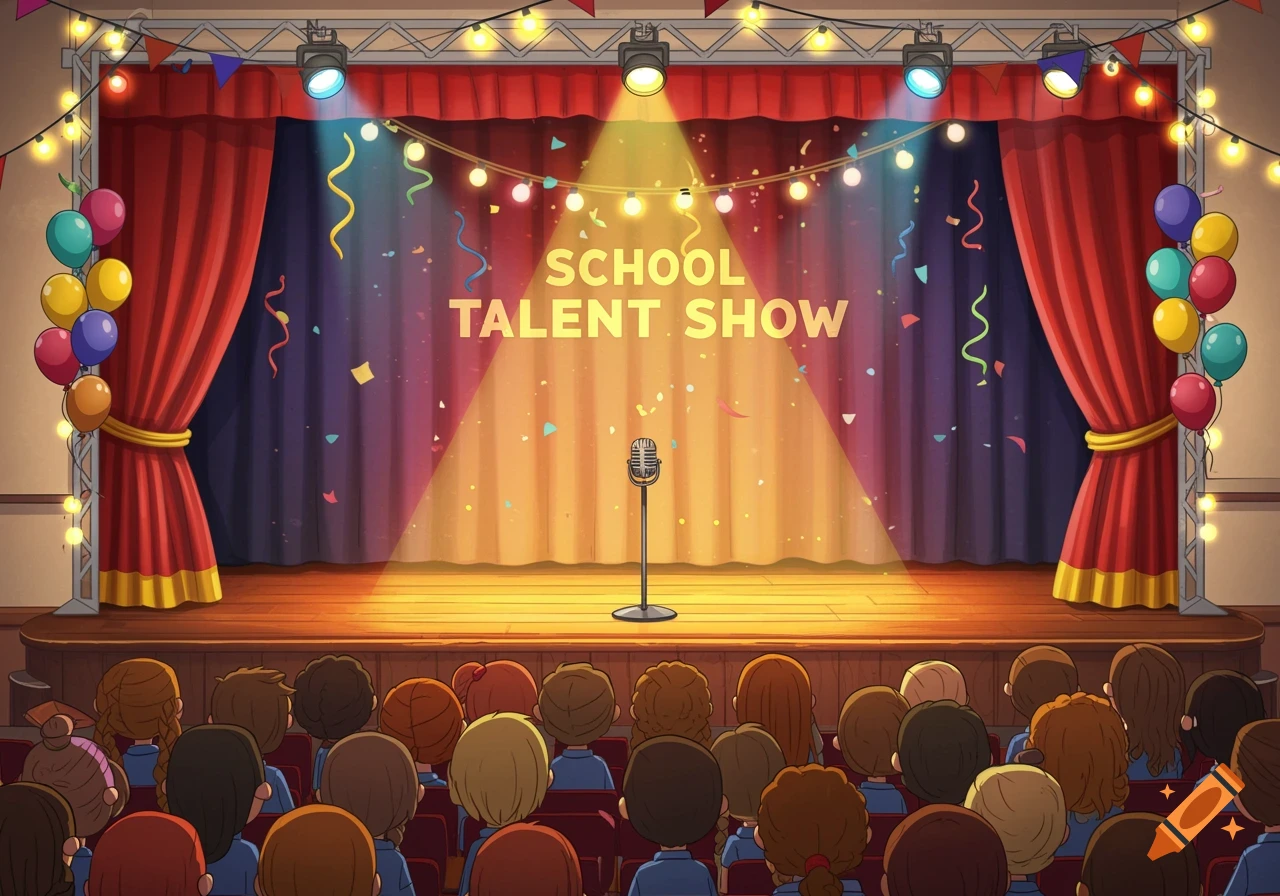 Cartoon school talent show stage with audience.