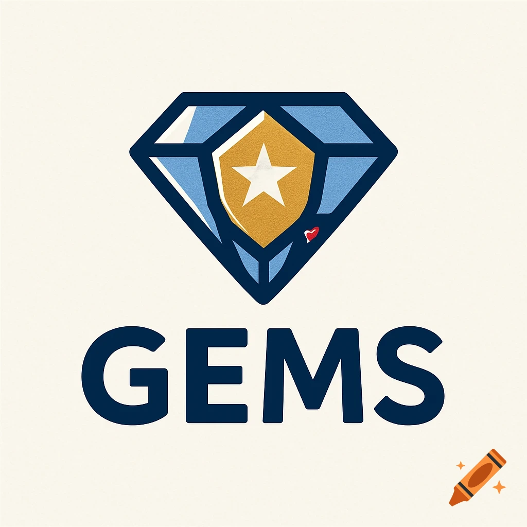 Logo with a stylized blue and gold gem symbol above the text GEMS.