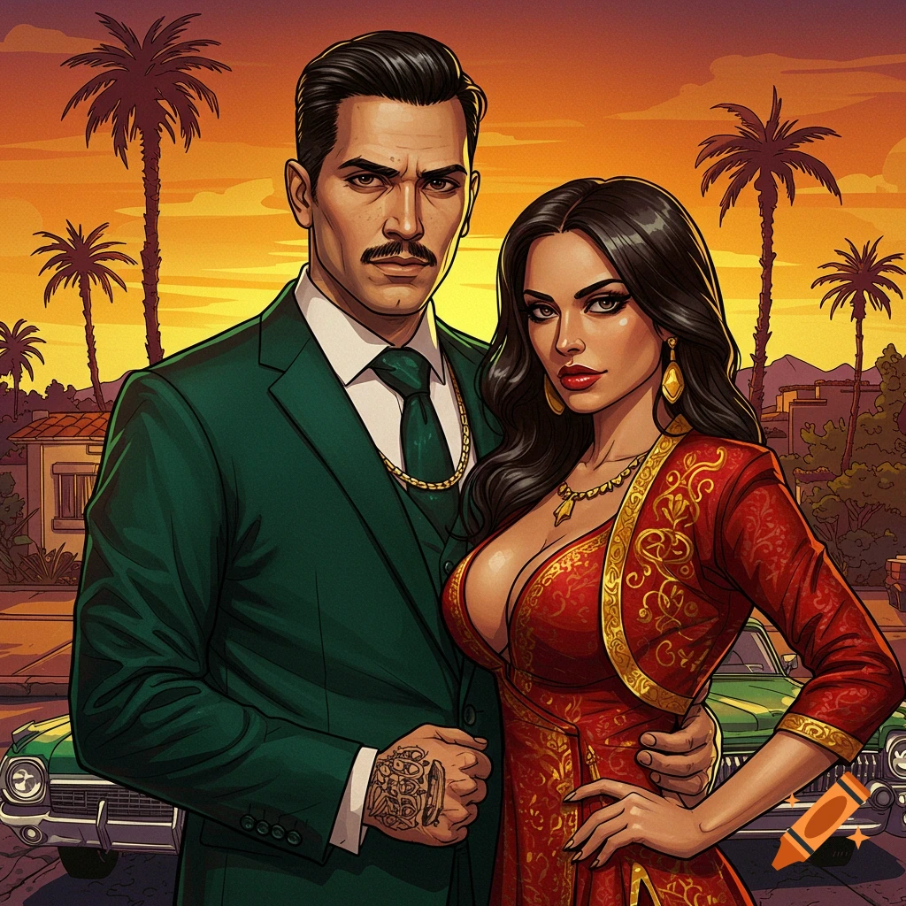 Illustration of a stylish couple, possibly gangsters, posing in front of palm trees and a classic car at sunset.
