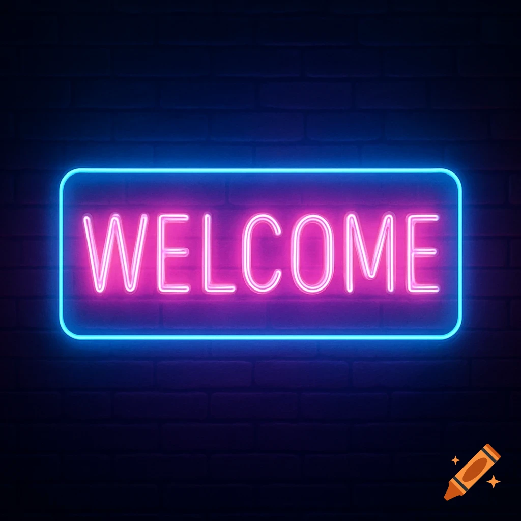 Pink neon sign with the word WELCOME on a dark brick wall. on Craiyon