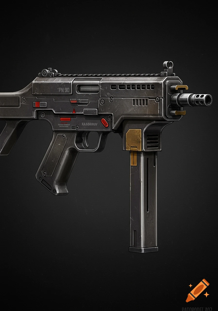 A detailed rendering of a futuristic submachine gun with metallic textures on a dark background.