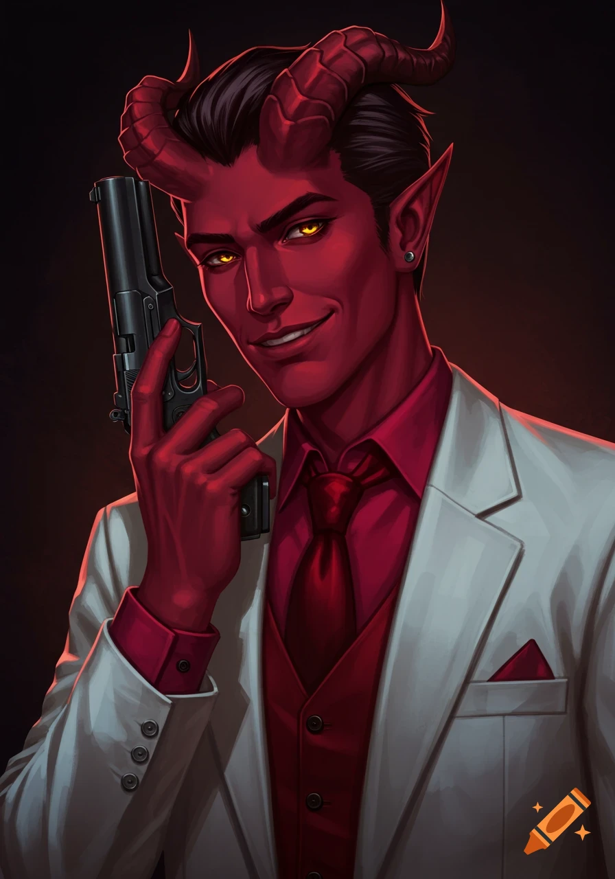 A red-skinned man with horns wearing a white suit and red shirt ...
