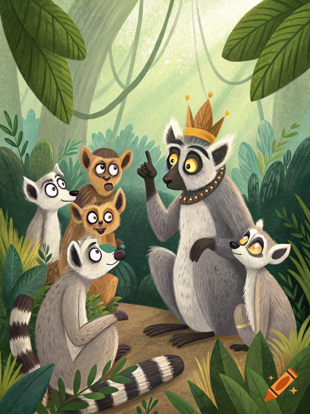 Cartoon illustration of a king lemur talking to other lemurs in a jungle.