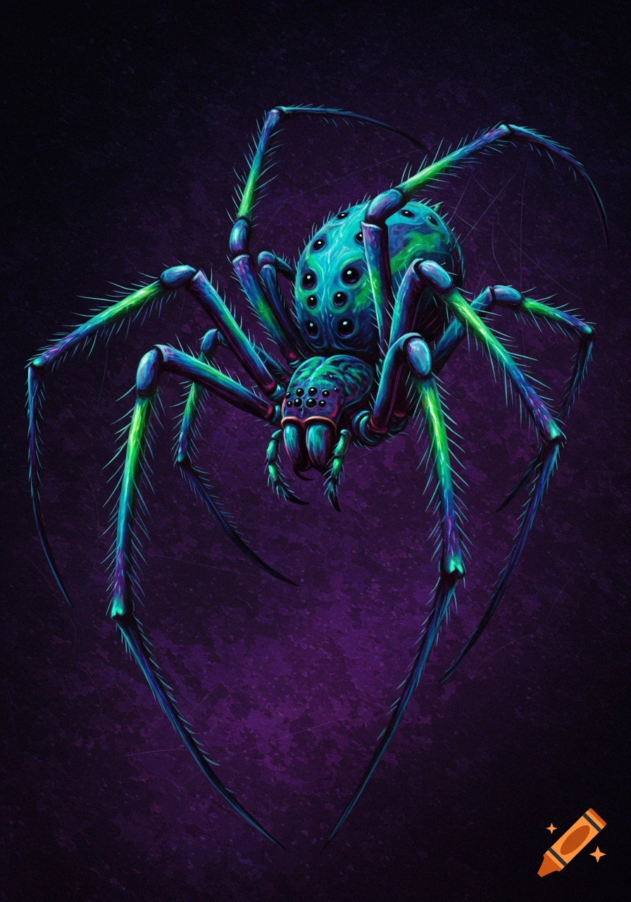 A vibrant blue and green spider illustration on a purple background.