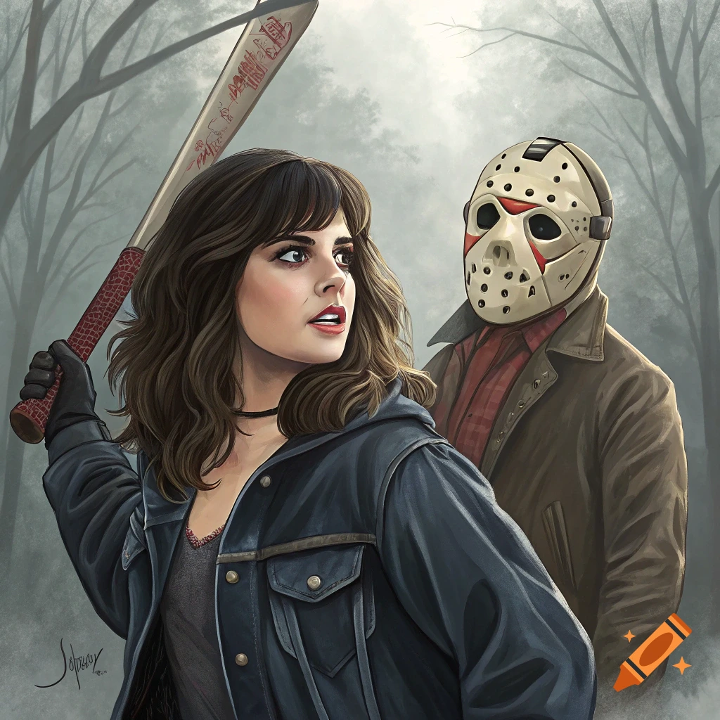 Woman with a baseball bat confronts Jason Voorhees in a forest.