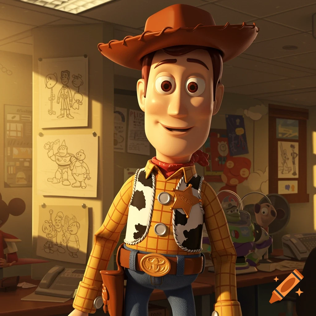 3D render of Woody from Toy Story standing in an office.