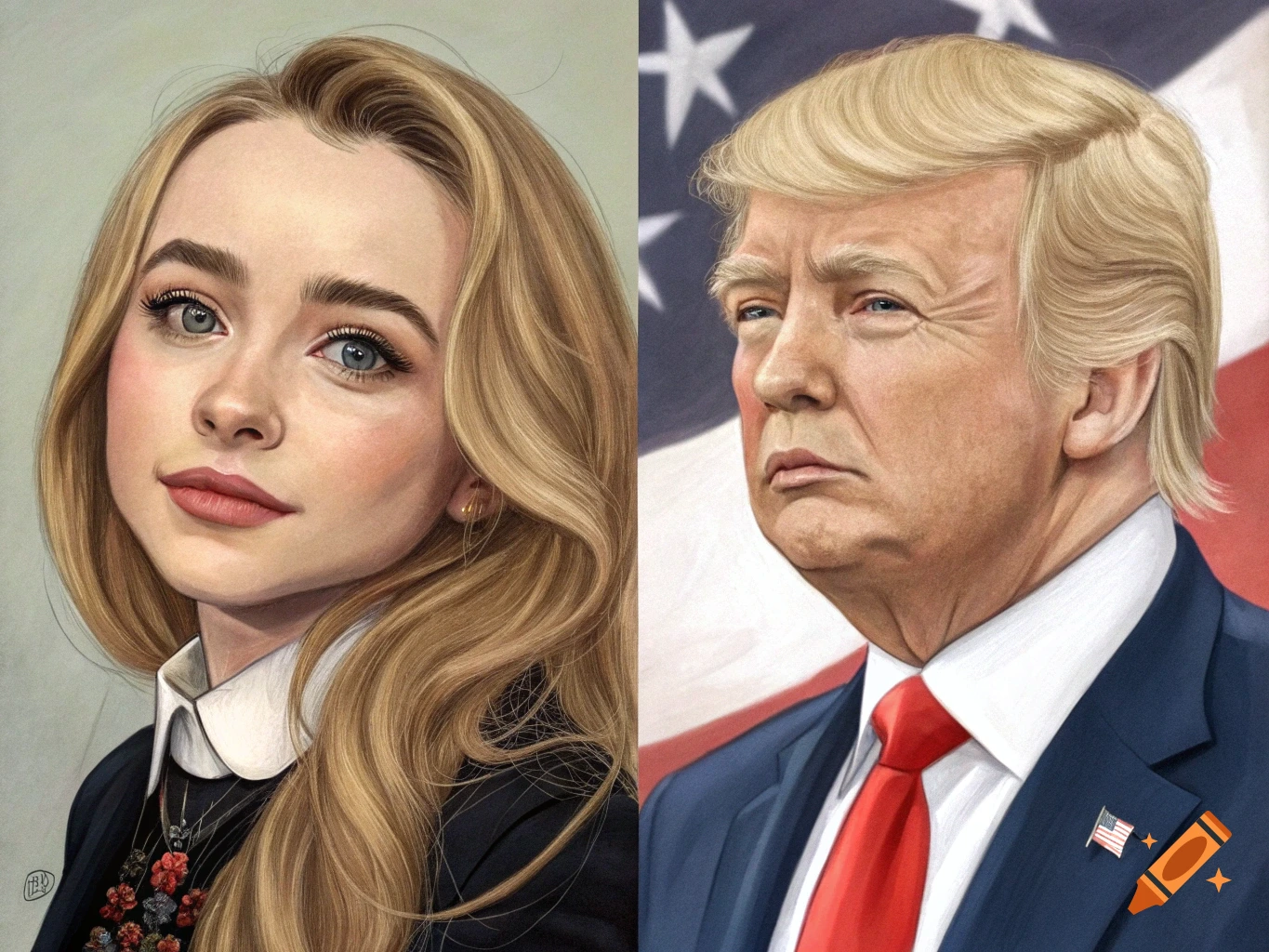 Illustration of a young woman with blonde hair next to a portrait of Donald Trump against an American flag.