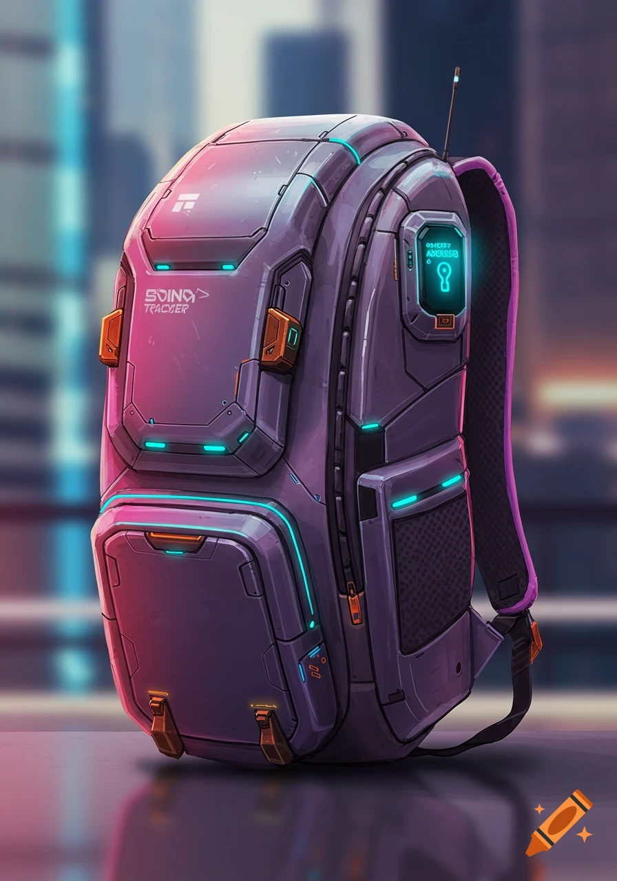 A detailed illustration of a futuristic purple cyberpunk backpack with glowing blue lights and a digital lock screen.