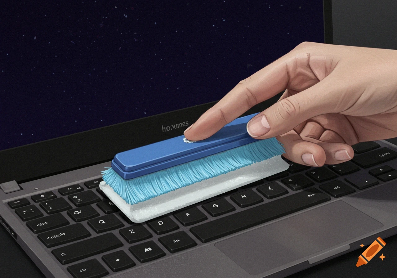 A hand uses a blue brush to clean a laptop keyboard and screen.