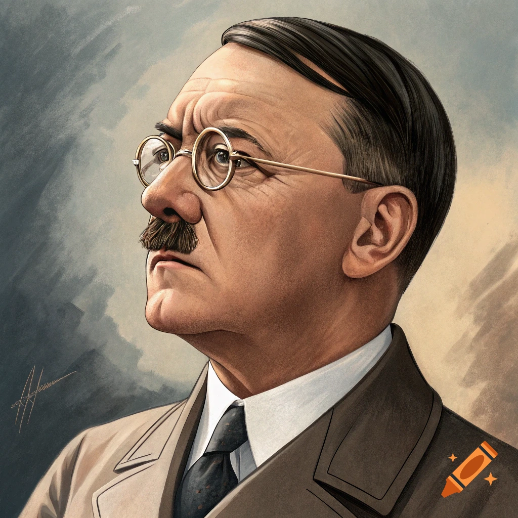 Illustrated portrait of Adolf Hitler wearing round glasses, looking left.