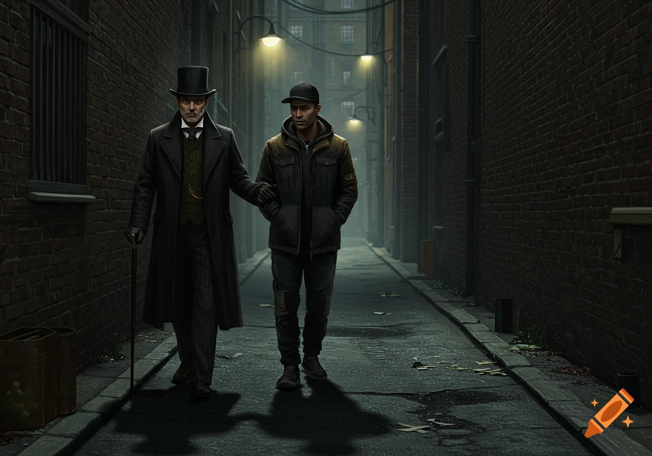 Two men in contrasting outfits walk down a dark alley. on Craiyon