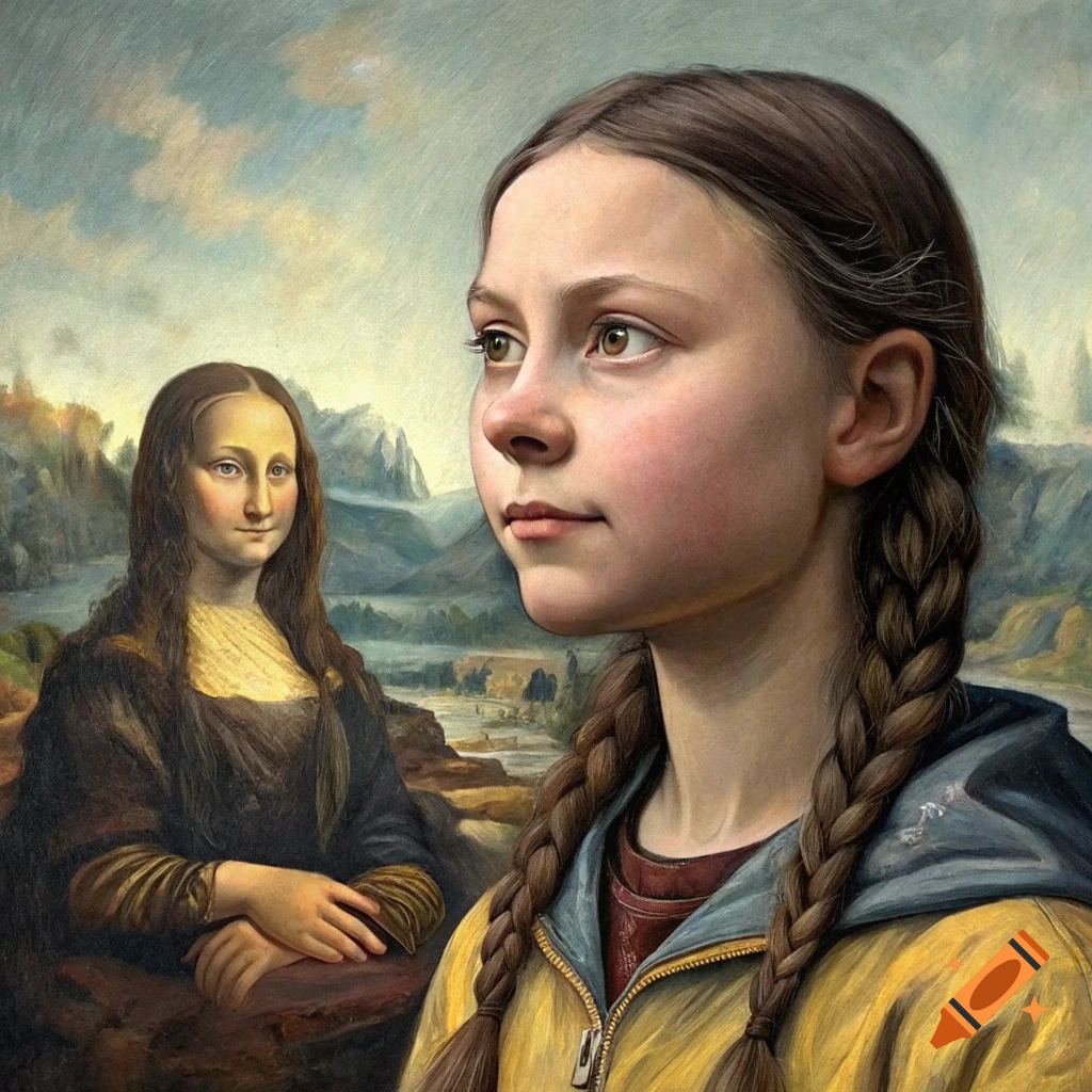 Painting of a young woman with braids and the Mona Lisa in a landscape.