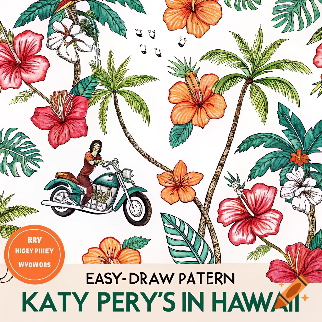 A pattern with hibiscus flowers, palm trees, and a person riding a motorcycle in an illustration style.