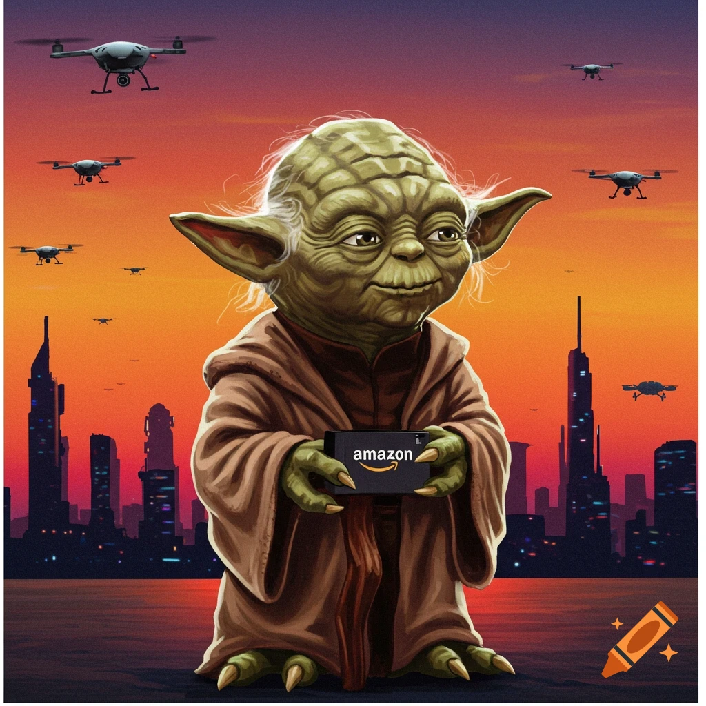 Yoda holds an Amazon box as drones fly over a cityscape at sunset.