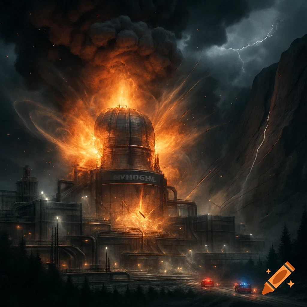 Industrial facility exploding in fire and smoke under a stormy sky, with emergency vehicles approaching.