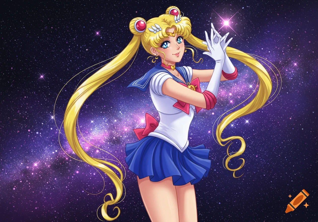 Sailor Moon poses in her uniform against a starry galaxy background in anime style.