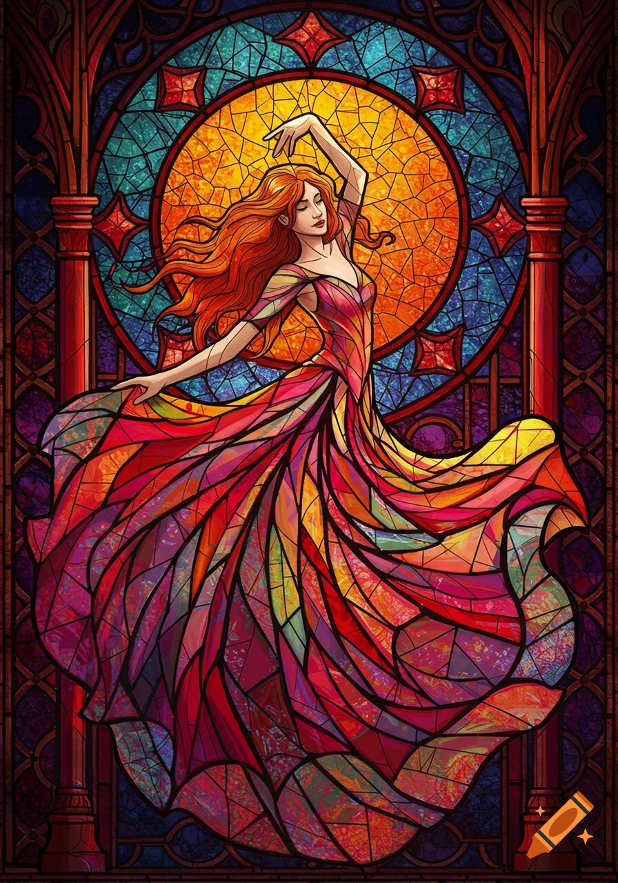 A woman with red hair dances in a brightly colored, flowing dress in front of a stained glass window.