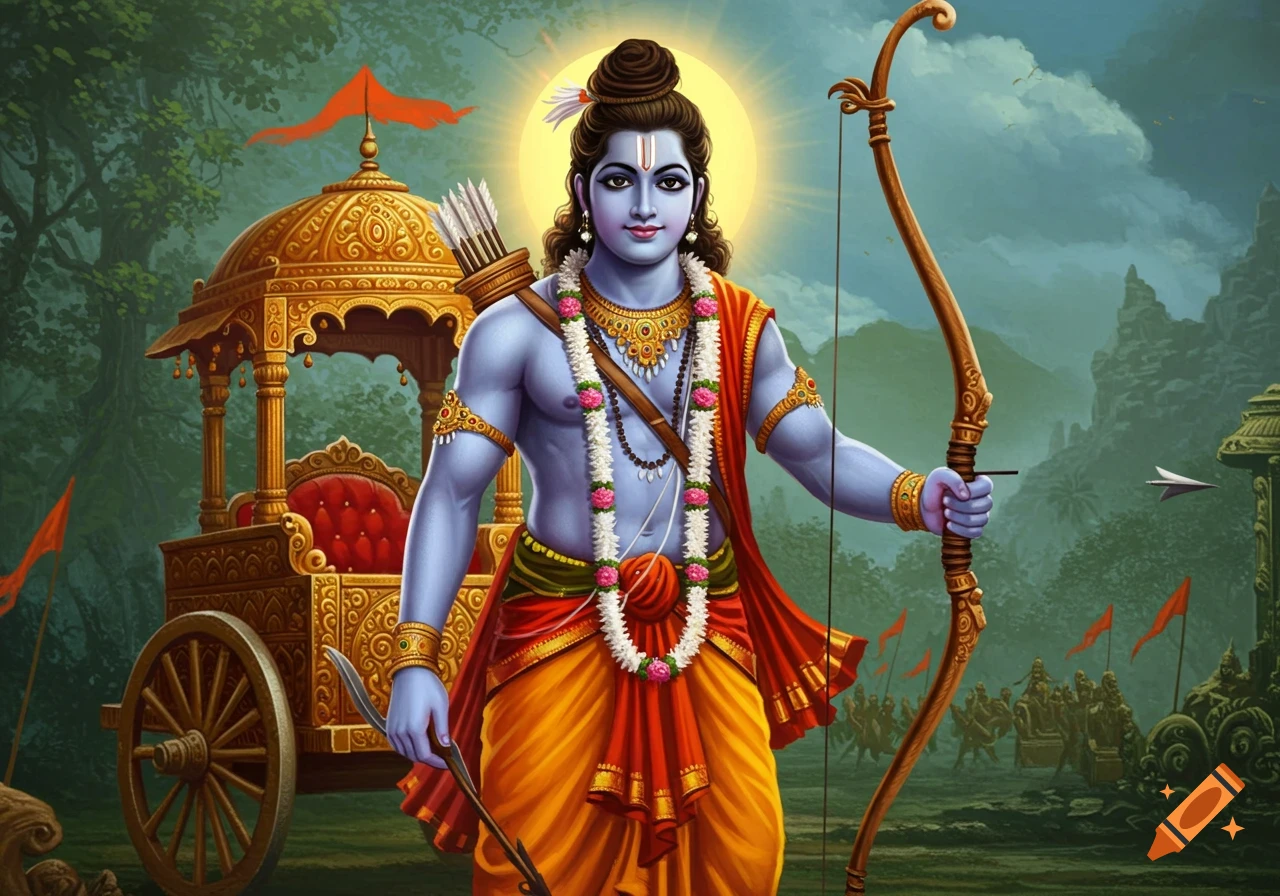 Lord Rama, a Hindu deity with blue skin, holding a bow, standing near a golden chariot