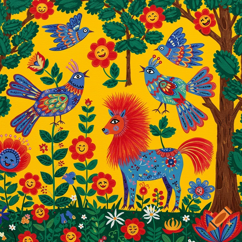 Colorful folk art painting of birds, a stylized animal, and flowers on a yellow background.