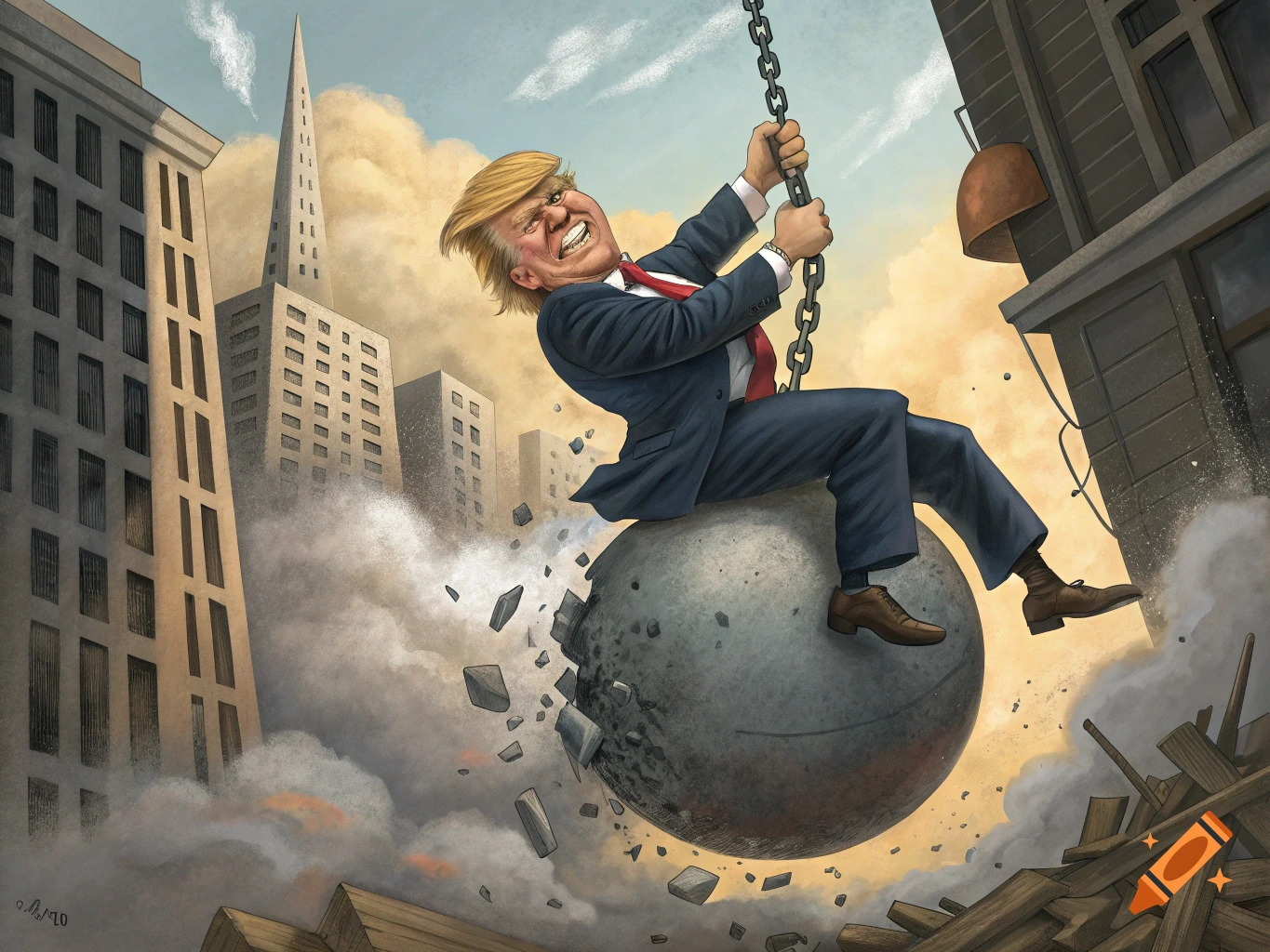 Caricature of Donald Trump riding a wrecking ball destroying a city.