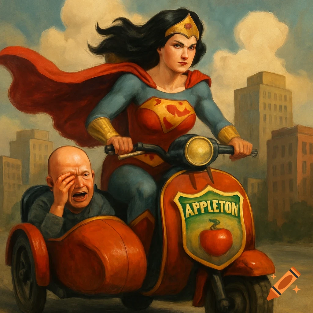 Painting of a superhero woman riding a red scooter with a crying man in a sidecar, in a city.