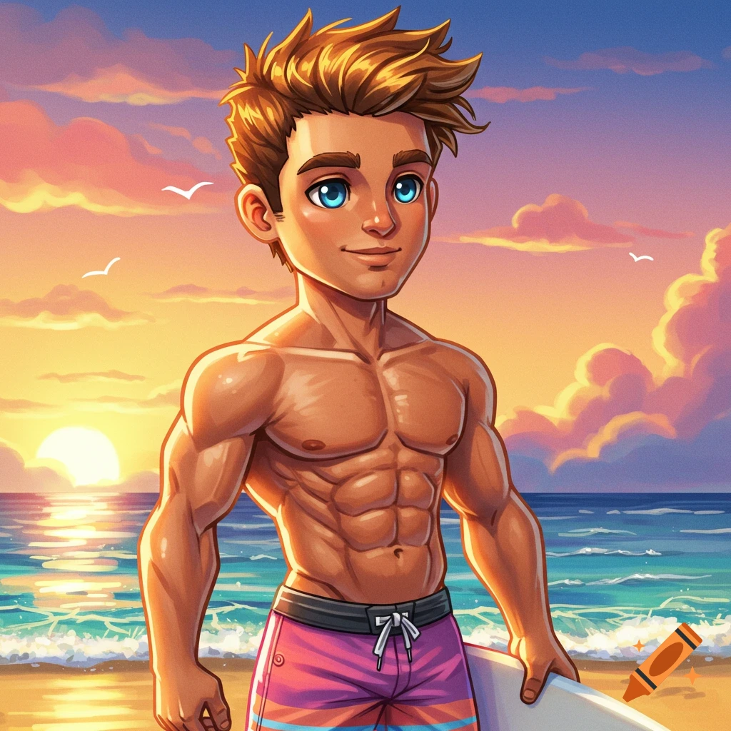 A cartoon illustration of a young man with a muscular physique holding a surfboard on a beach at sunset.