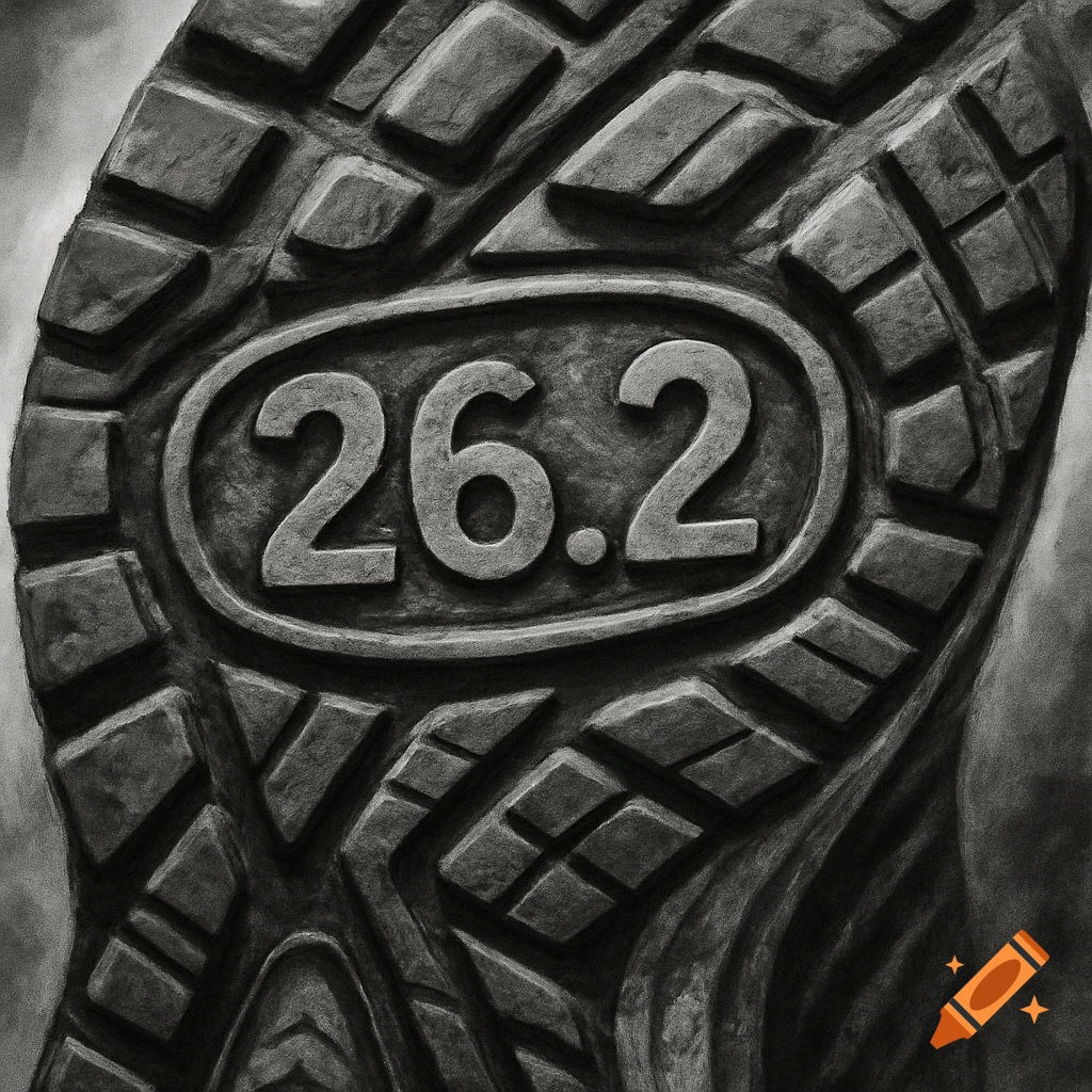 Close-up black and white drawing of a running shoe sole with "26.2" embossed.