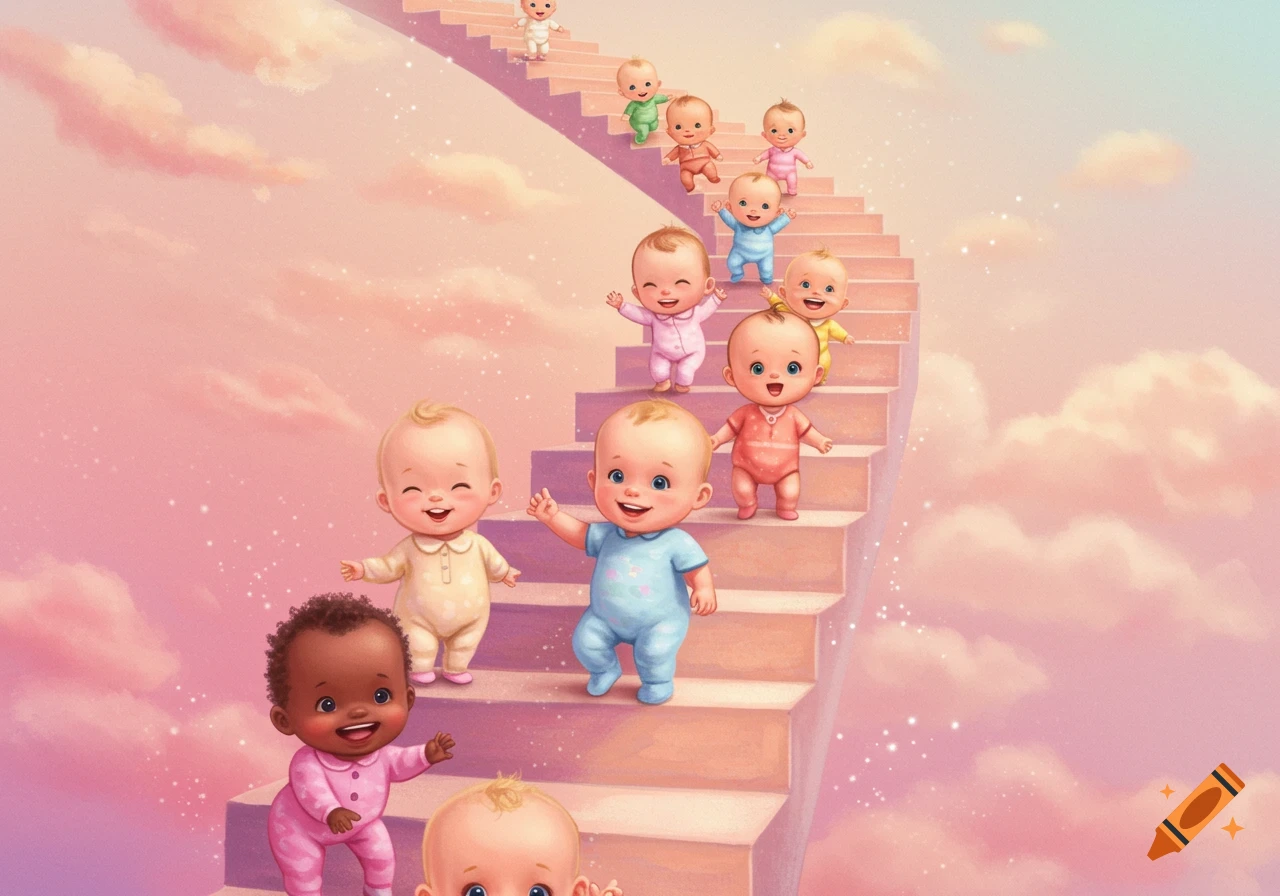 Cute illustrated babies climb a pink staircase towards a cloudy sky.