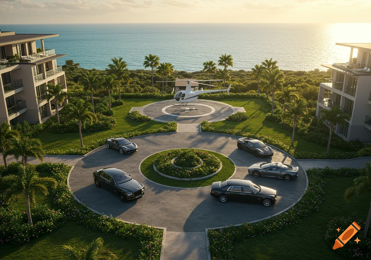 Aerial view of a luxury coastal resort entrance with a helicopter on a helipad and several expensive cars parked on the circular driveway.