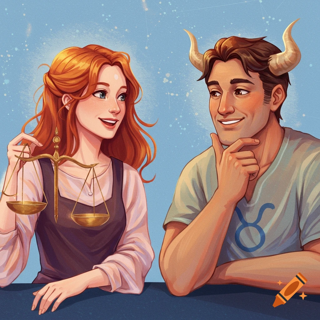Illustration of a woman representing Libra holding scales and a man representing Taurus with horns, looking at each other.