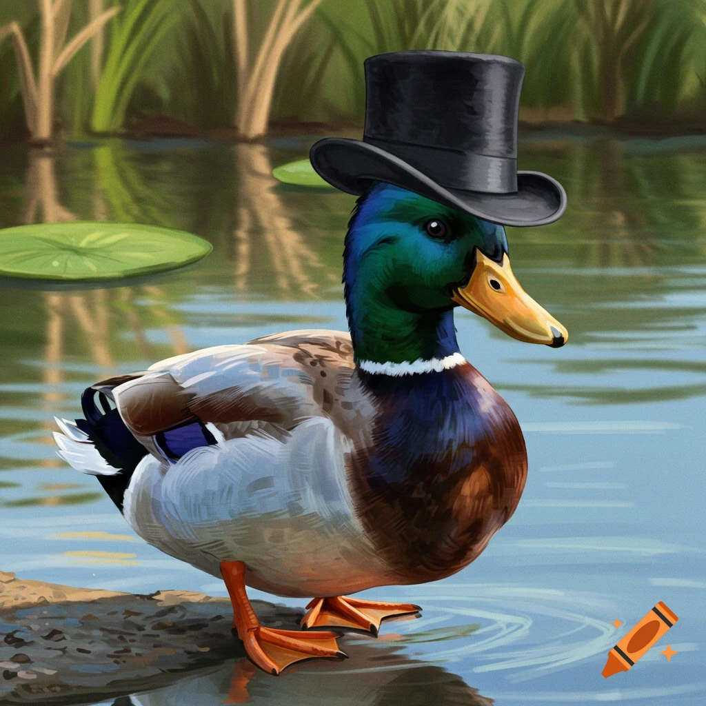 A mallard duck stands by a pond wearing a black top hat. The background shows water and tall reeds.