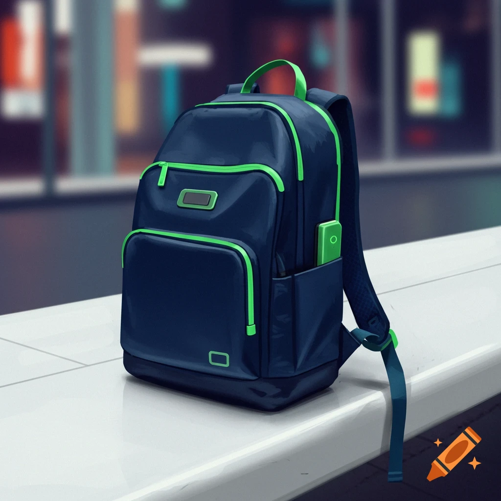 Blue and green backpack on a surface with a blurred background.