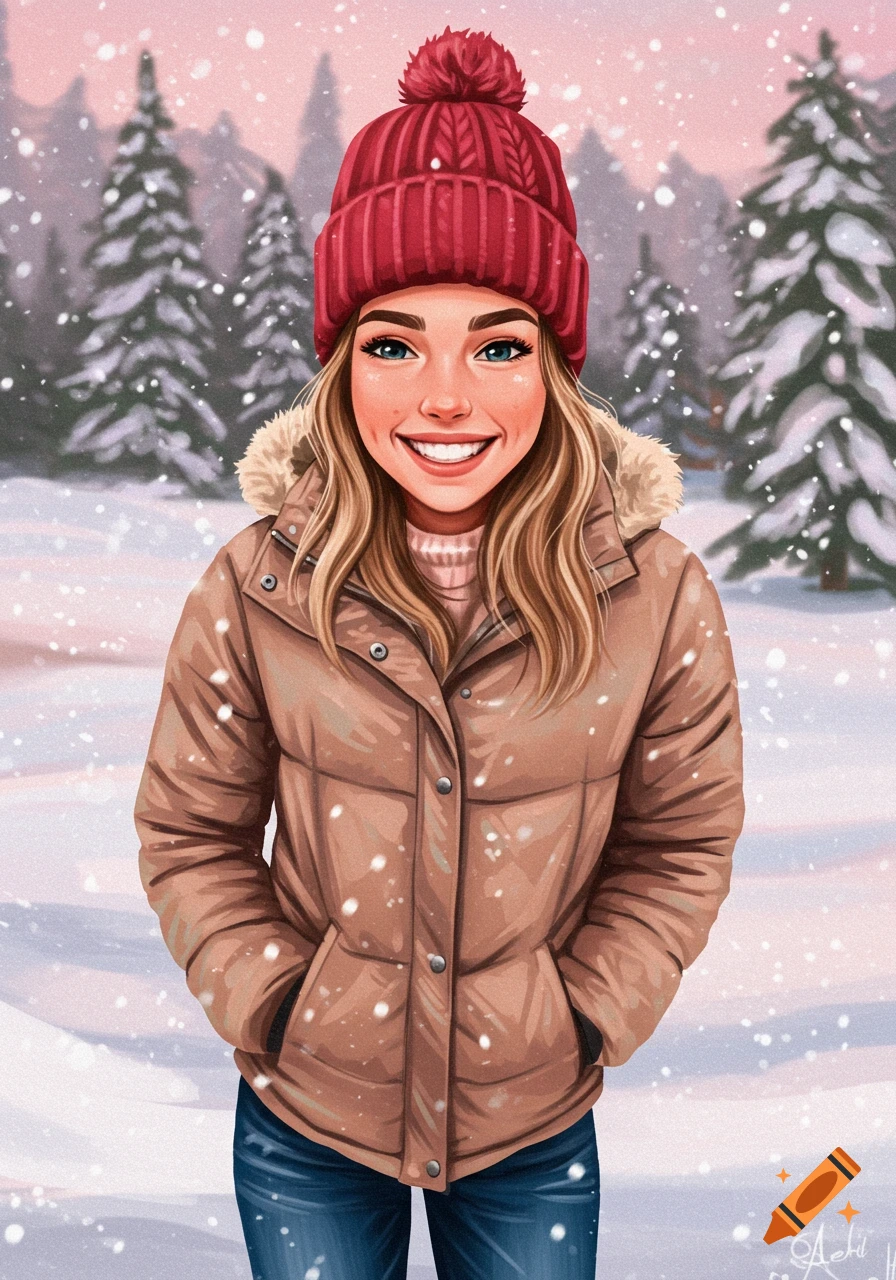 Illustration of person in winter coat and hat in snowy forest.