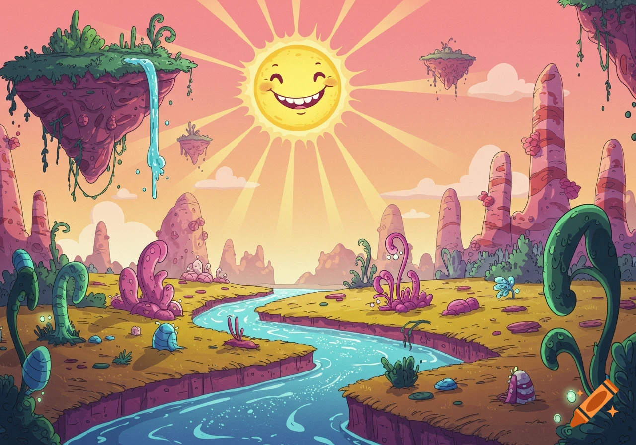 Cartoon surreal landscape with smiling sun, floating islands, river, and strange plants.