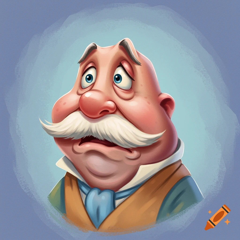 Cartoon portrait of a sad, confused man with a large white mustache.