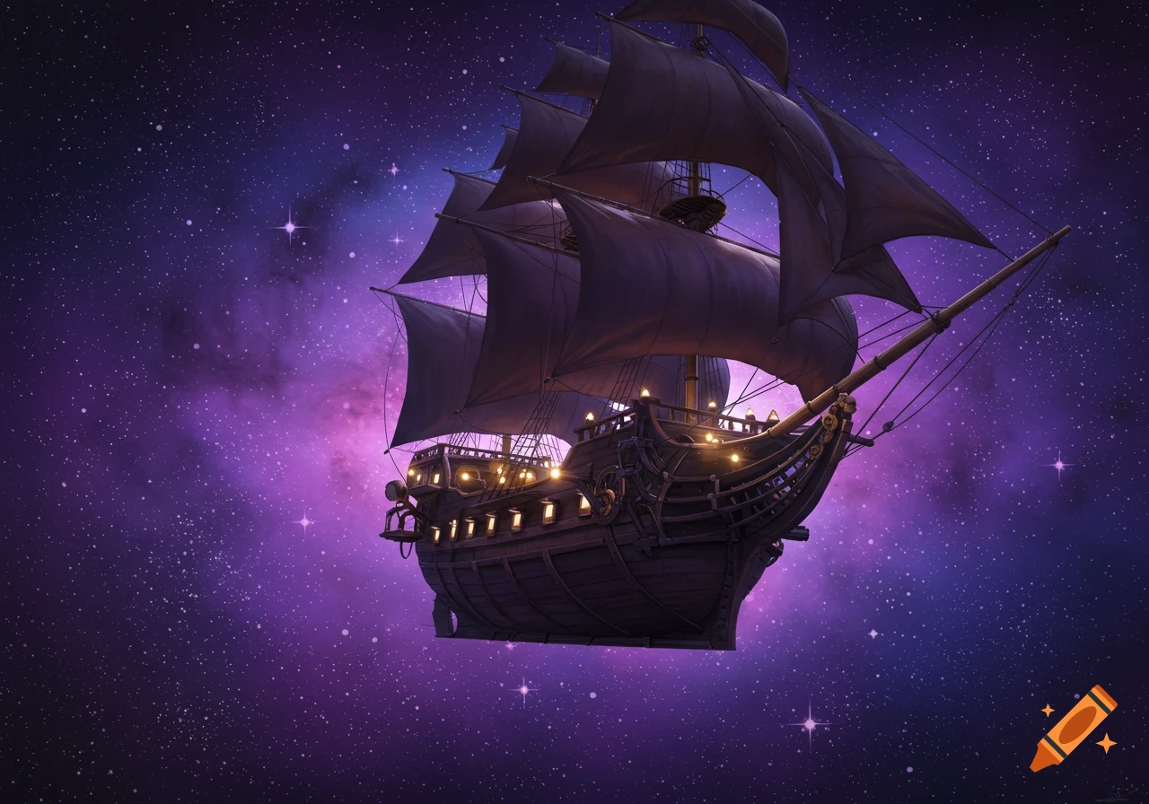 A steampunk sailing ship floats through a purple galaxy filled with stars.