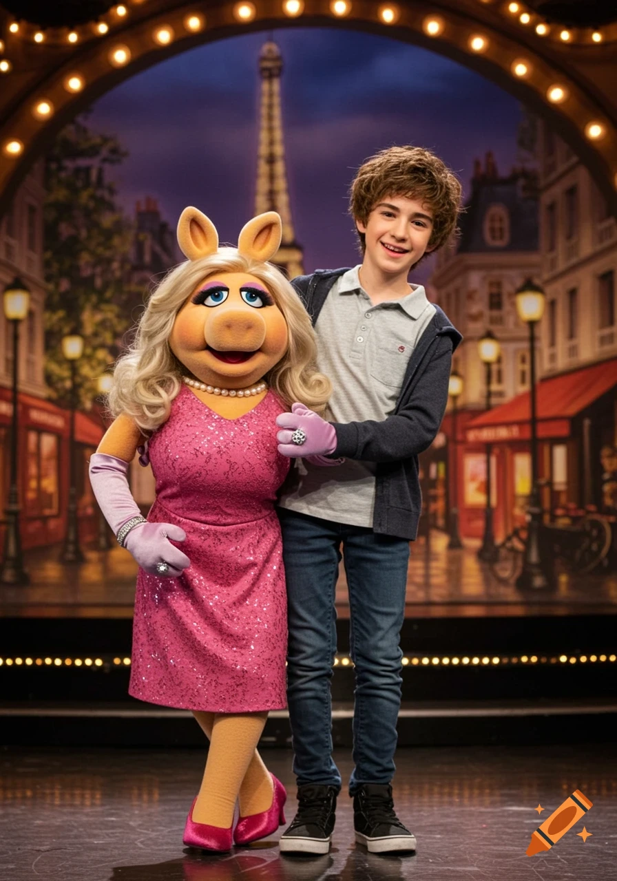 Miss Piggy and a boy pose on stage with a Paris backdrop.