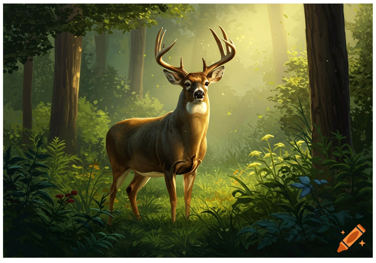 A deer with large antlers stands in a sunlit forest.