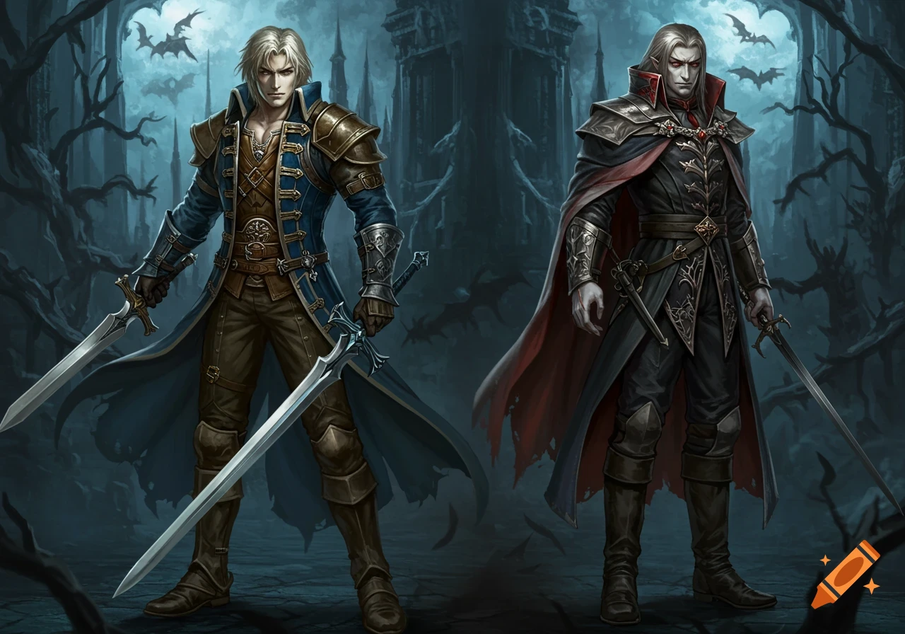 Two figures in fantasy armor and capes holding swords in a dark, gothic setting.