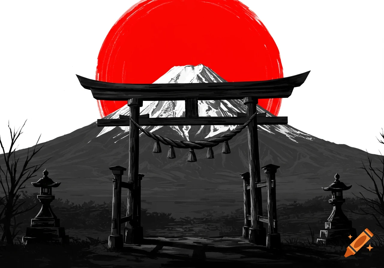 Black and white illustration of a torii gate in front of Mount Fuji with a red sun.