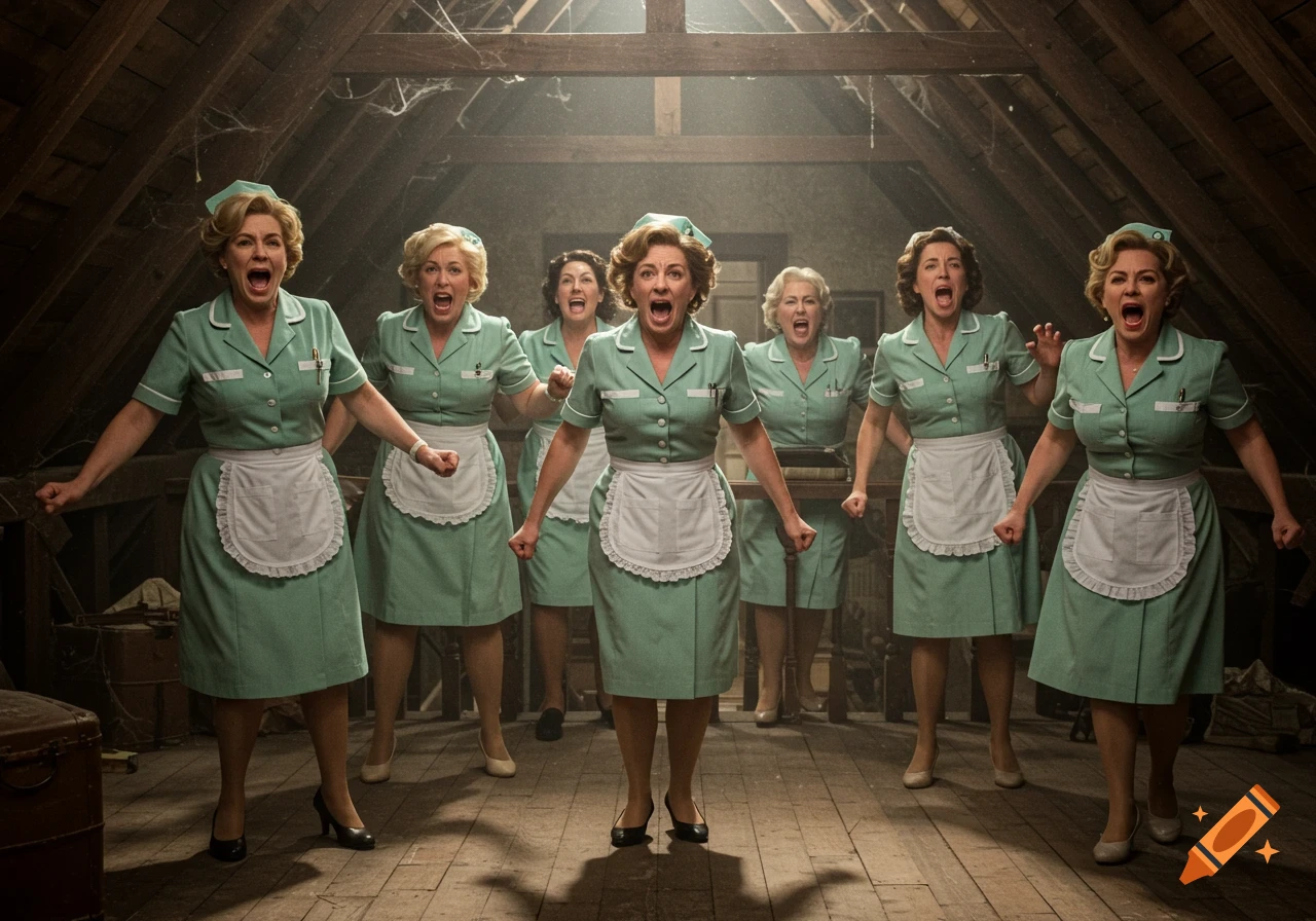 Group of women in green waitress uniforms screaming and jumping in a dark attic, photorealistic style