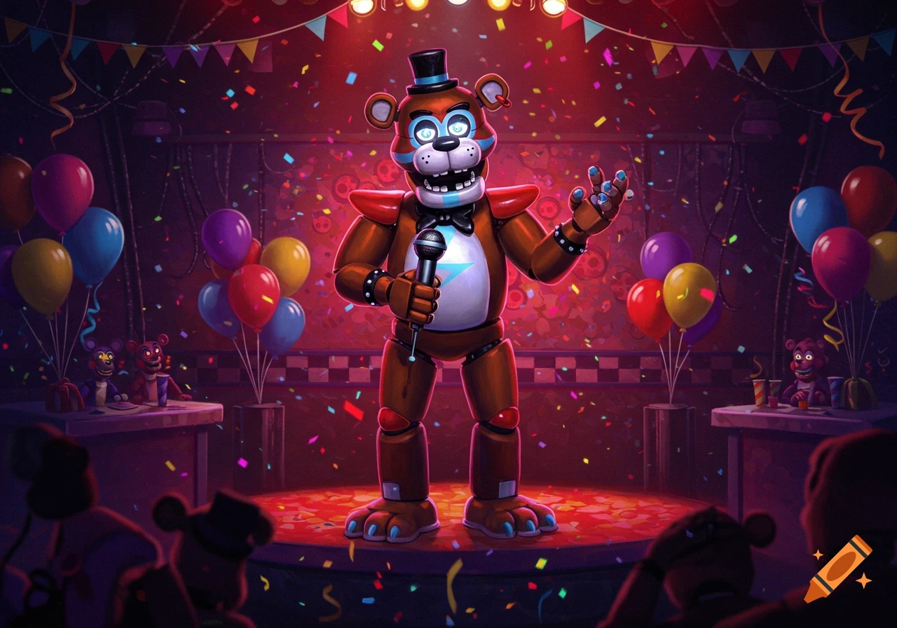 Freddy Fazbear singing on a stage in a pizzeria with confetti and balloons.