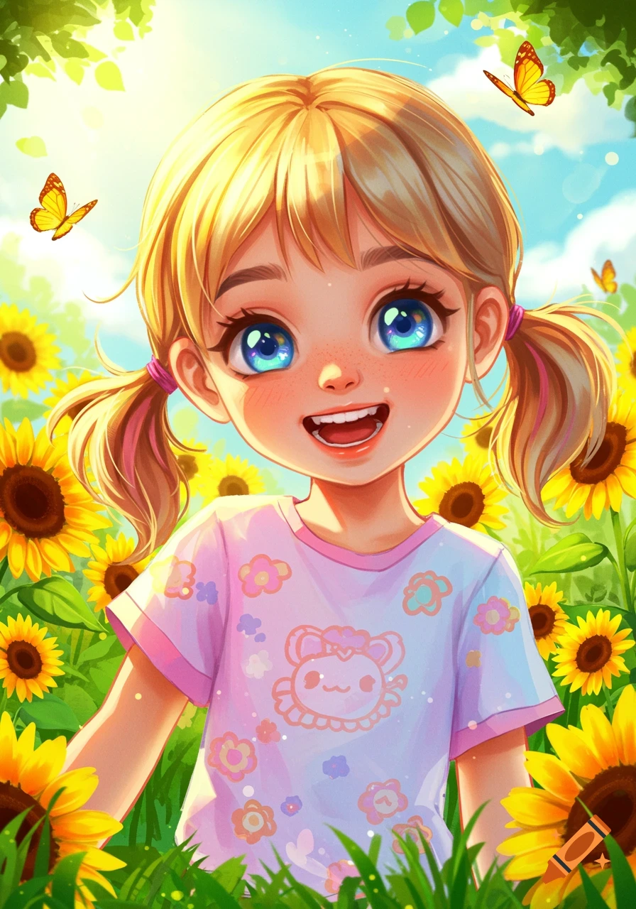 Cute girl smiling in a field of sunflowers with butterflies, illustration style.